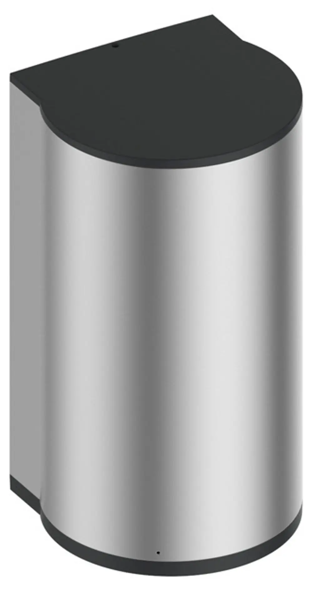 Wandmontierter Desinfektionsmittelspender aus silbern eloxiertem Material mit anthrazitfarbenem Deckel, Sensorbetrieb und batteriebetrieben, von der Marke Keuco.